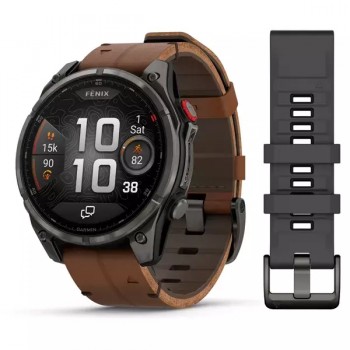 Умные часы GARMIN Fenix 8 Pro 47 мм (Sapphire, Carbon grey DLC titanium with Chestnut leather band) - AMOLED