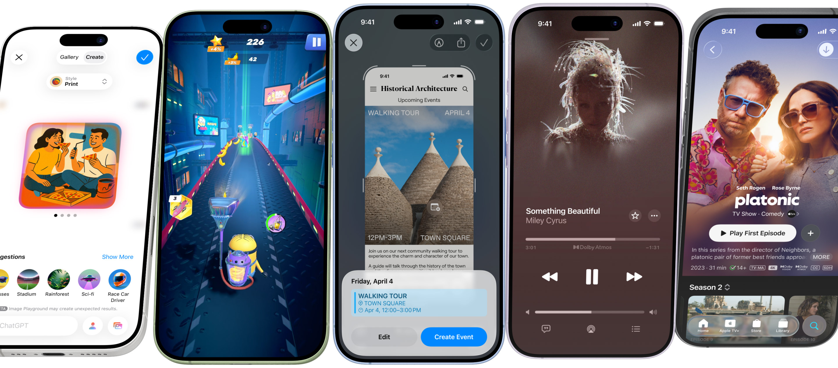 Пять iPhone 17 с открытыми приложениями ChatGPT, играми, Apple TV и Apple Music