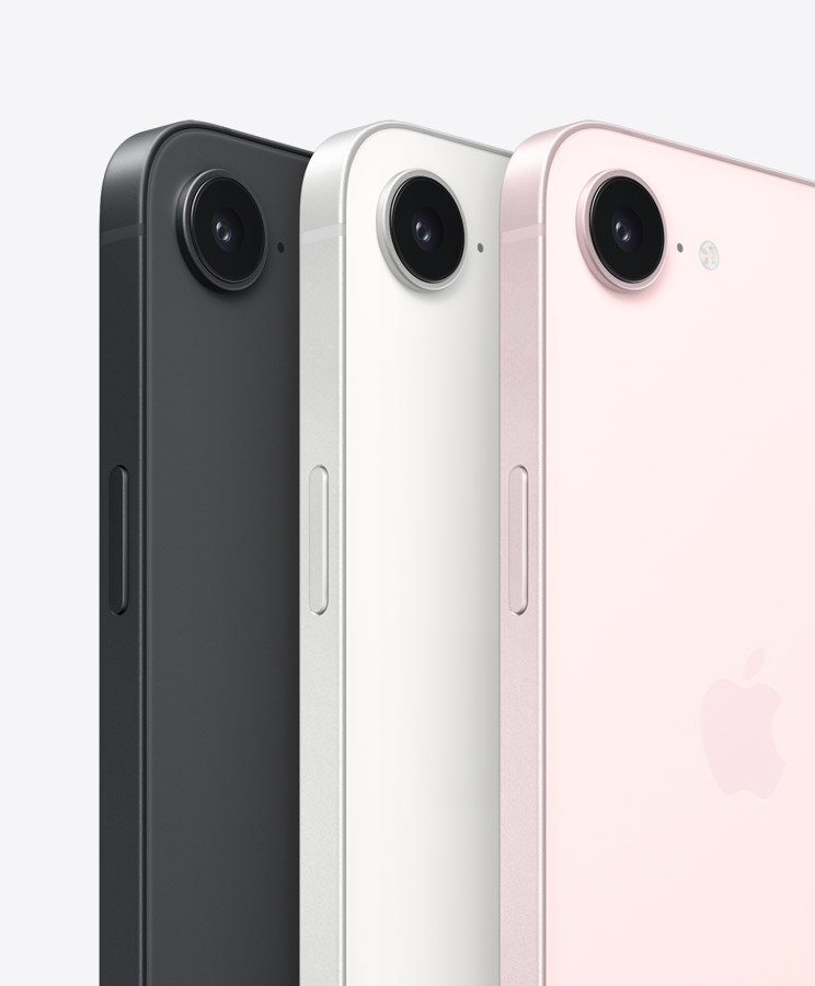 Камеры iPhone 17e в цветах Black, White и Pink крупным планом Камеры iPhone 17e в цветах Black, White и Pink крупным планом