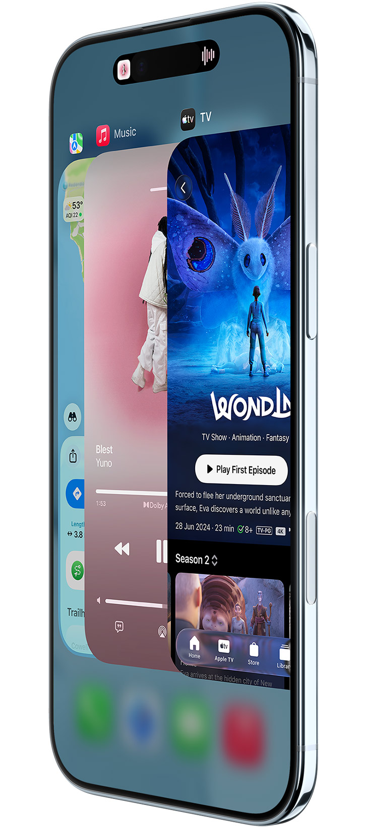 Переключение между приложениями Карты, Музыка и Apple TV на iPhone Air