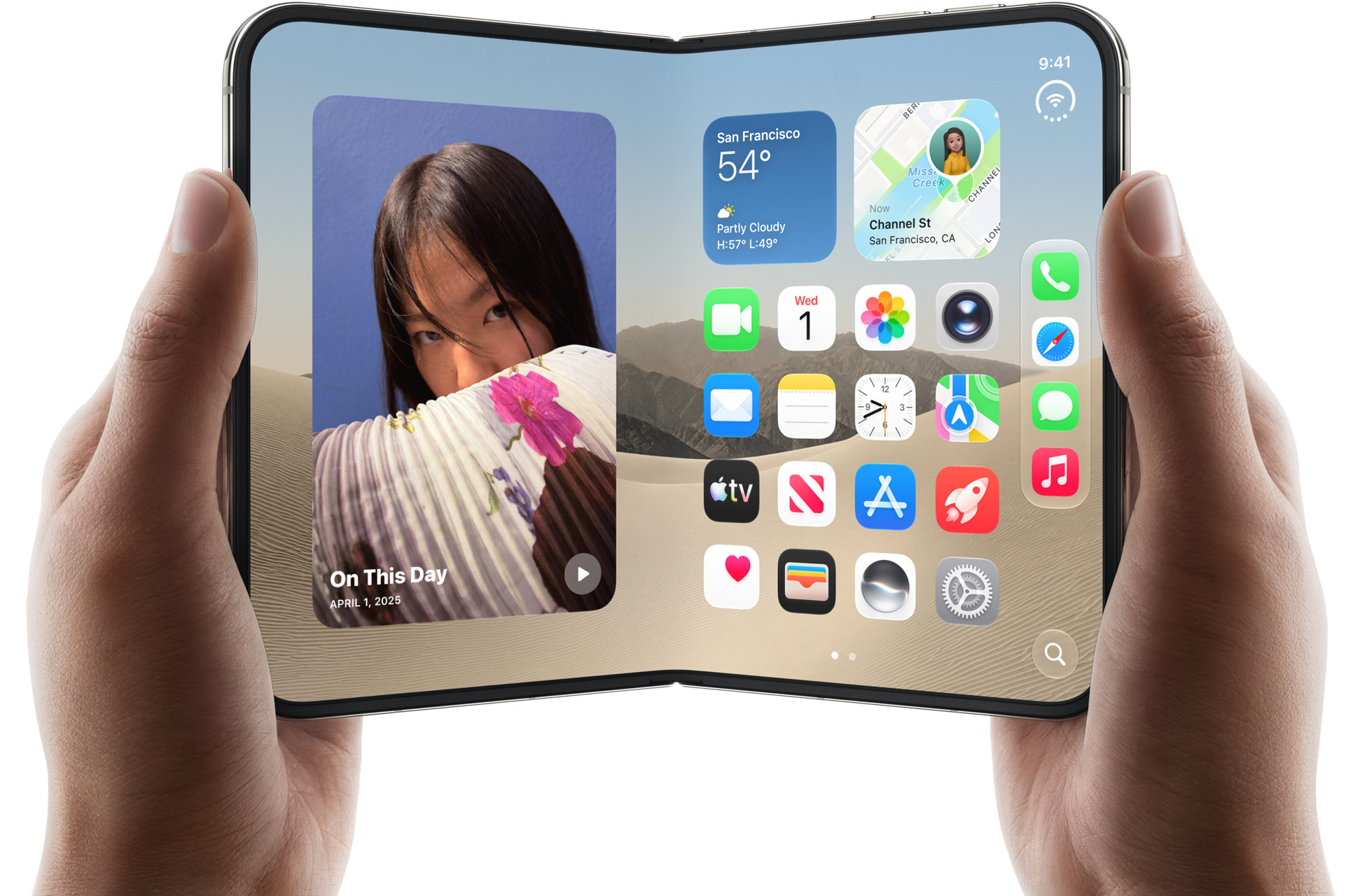 iPhone Duo полностью развёрнут, на экране рабочий стол iOS с виджетами