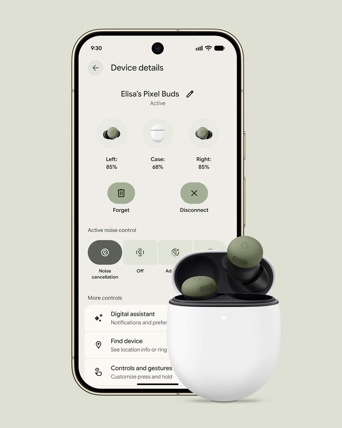 Экран приложения с настройками Google Pixel Buds Pro 2 цвета Olive и открытым кейсом