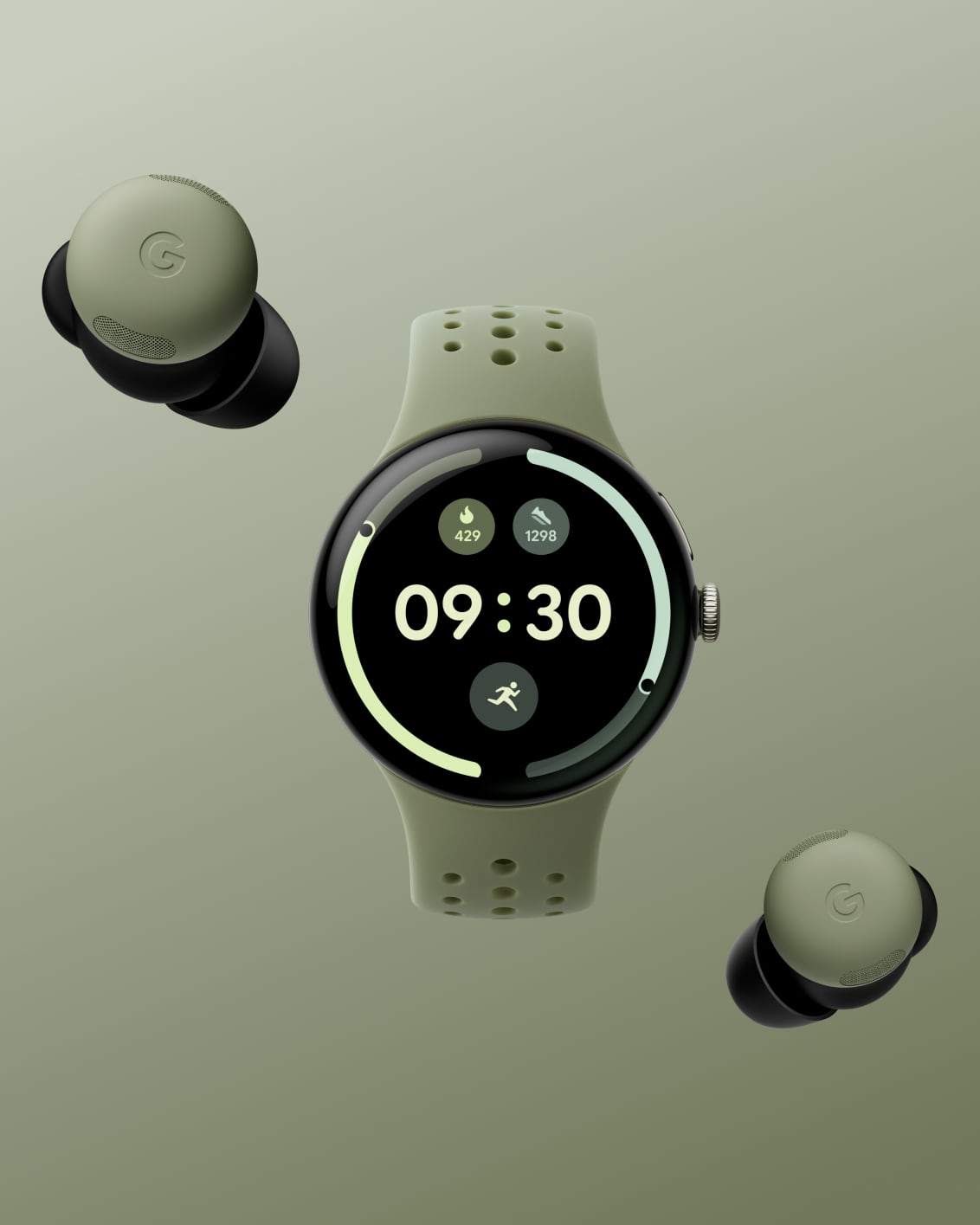 Умные часы Google и наушники Google Pixel Buds Pro 2 цвета Olive рядом