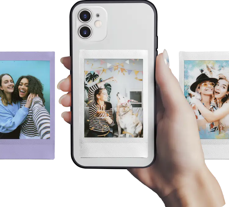 Снимки Fujifilm Instax Link Wide в чехле смартфона и рядом с ним на столе