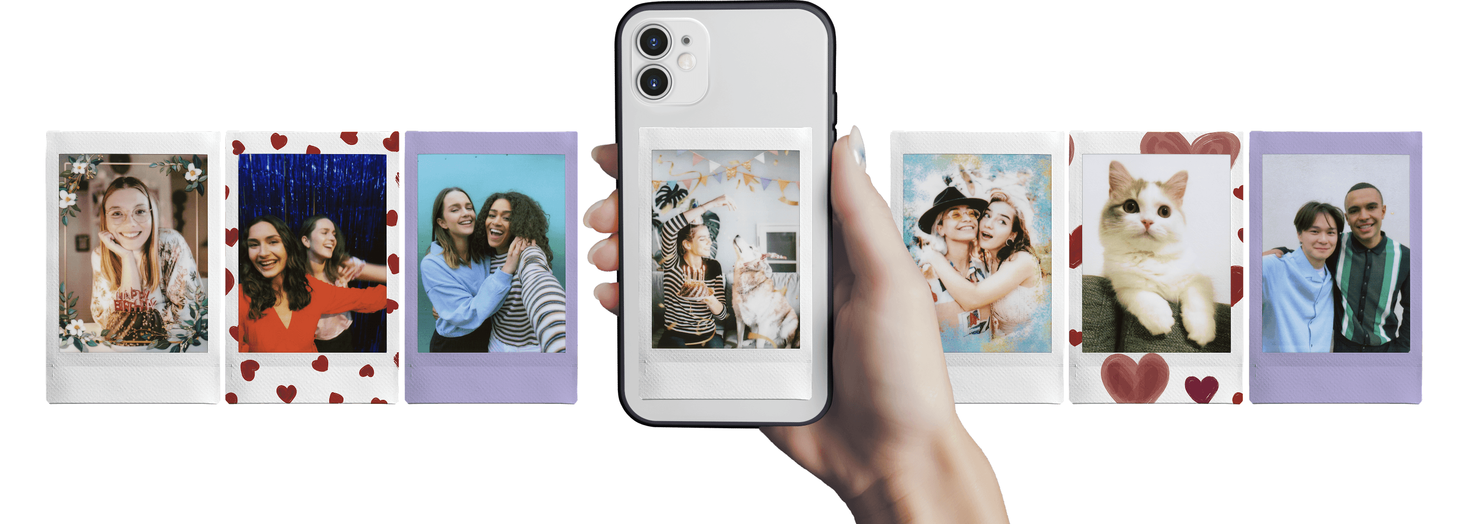 Чехол телефона с вставленным instax-снимком вечеринки рядом с карточками Fujifilm Instax Link Wide White