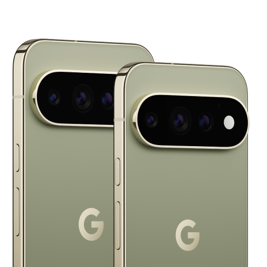 Два смартфона Google Pixel 11 оливкового цвета с блоком из трёх камер на задней панели