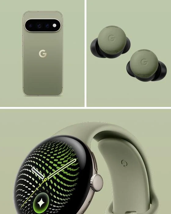Google Pixel 11 Pro, наушники Pixel Buds и часы Pixel Watch цвета Olive