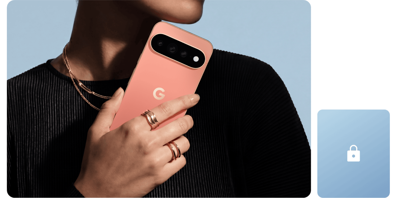 Google Pixel 11 Pro цвета Canyon в руке, рядом иконка блокировки