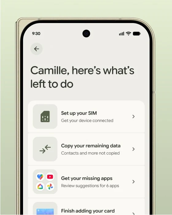 Экран настройки Google Pixel 11 Pro Fold со списком оставшихся шагов