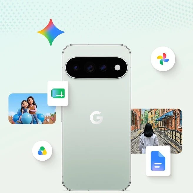 Задняя панель Google Pixel 11 Pro XL с иконками приложений Google Photos, Docs и Gemini