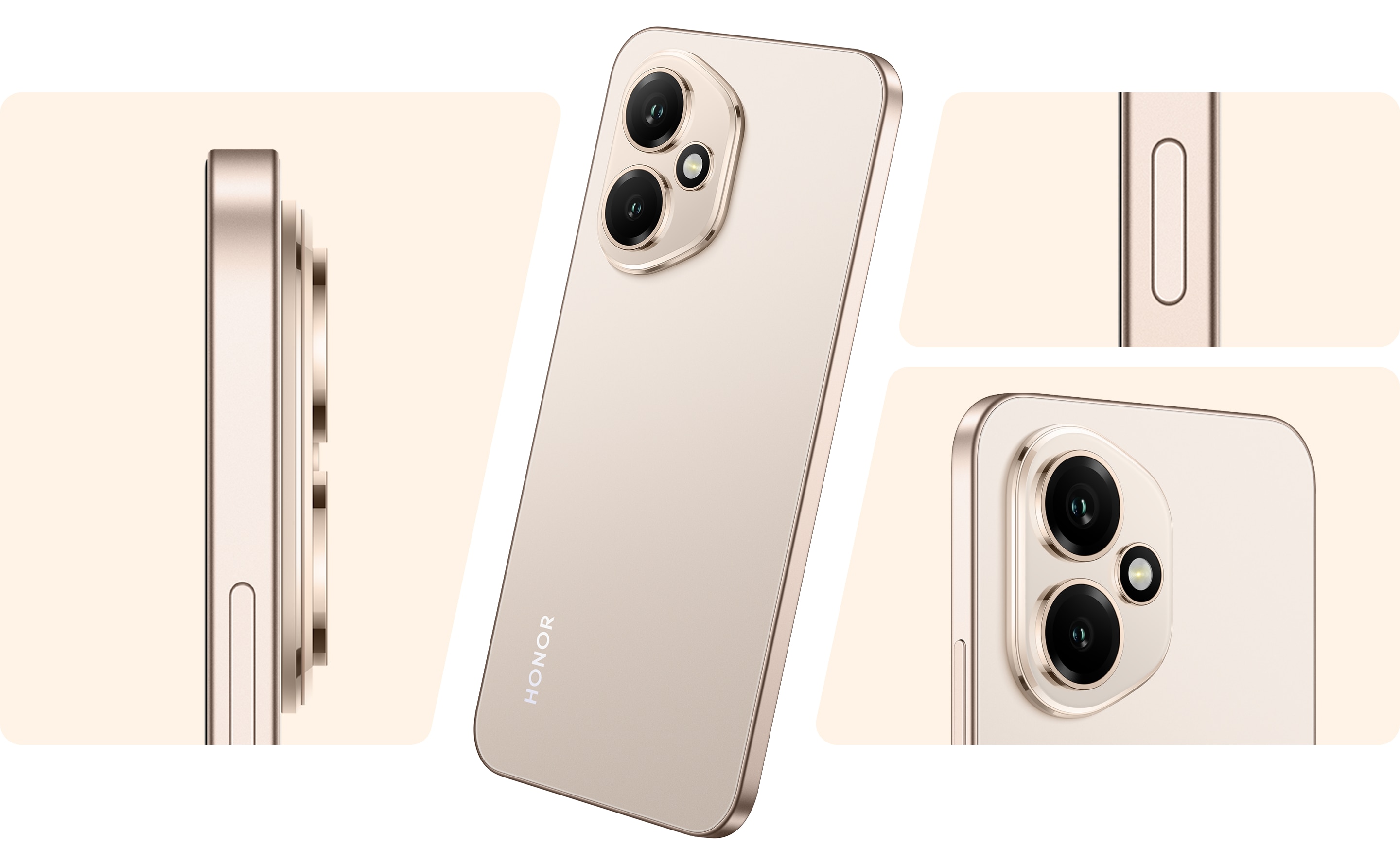 Honor 400 в цвете Desert Gold с разных ракурсов: торец, камера, профиль
