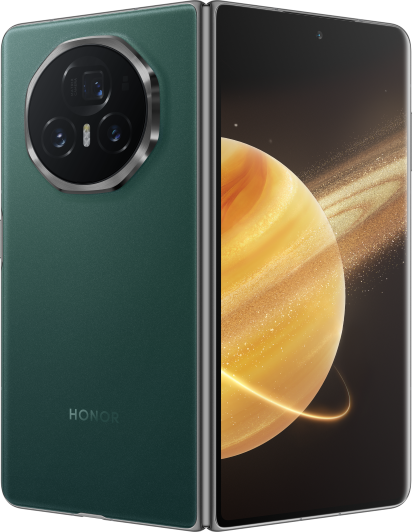 HONOR Magic V3 зелёного цвета в раскрытом виде с изображением планеты на экране