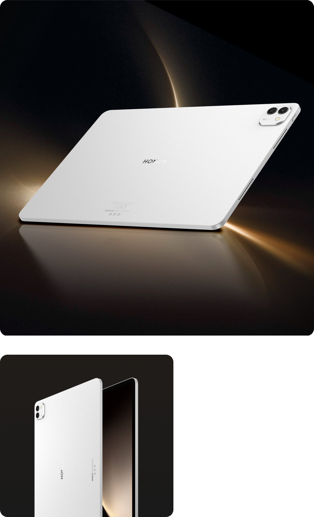 Honor MagicPad 3 Wi-Fi белого цвета, вид сзади с блоком камер на глянцевой поверхности