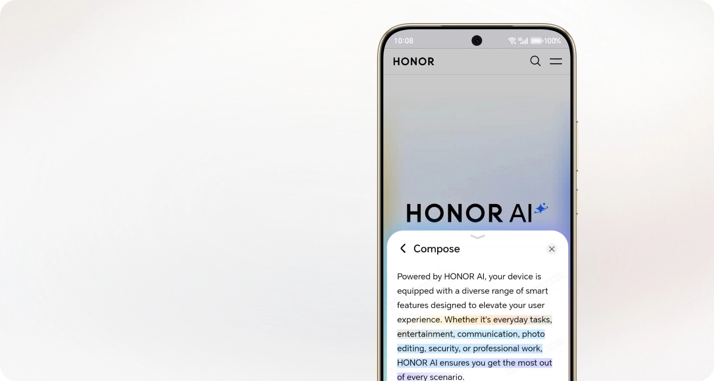 Экран Honor Turbo с функцией HONOR AI Compose, генерирующей текст сообщения