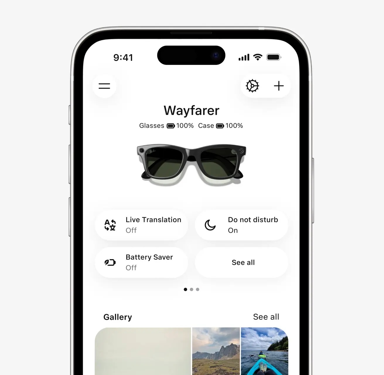 Экран приложения Meta с настройками очков Ray-Ban Meta Gen 2 Wayfarer и уровнем заряда
