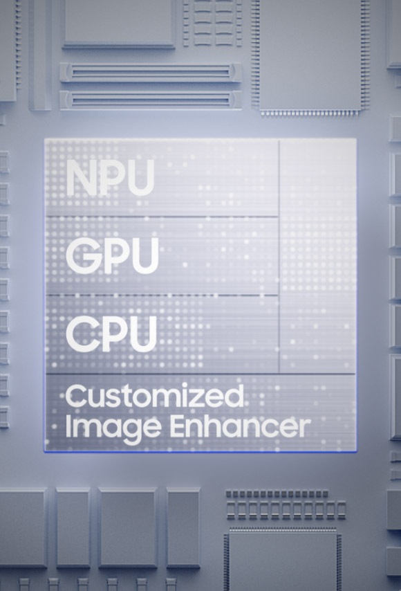 Крупный план архитектуры Exynos 2600 с подсветкой блока Customized Image Enhancer