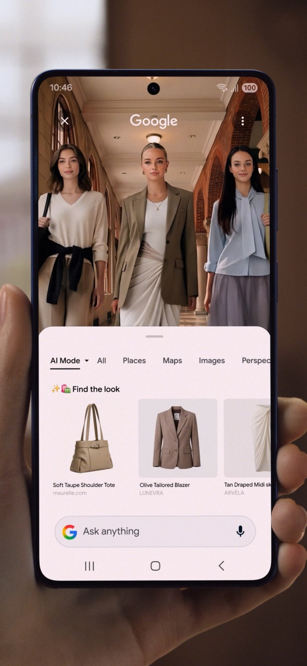 Экран Samsung Galaxy S26 Plus с результатами визуального поиска Google AI Mode по фотографии