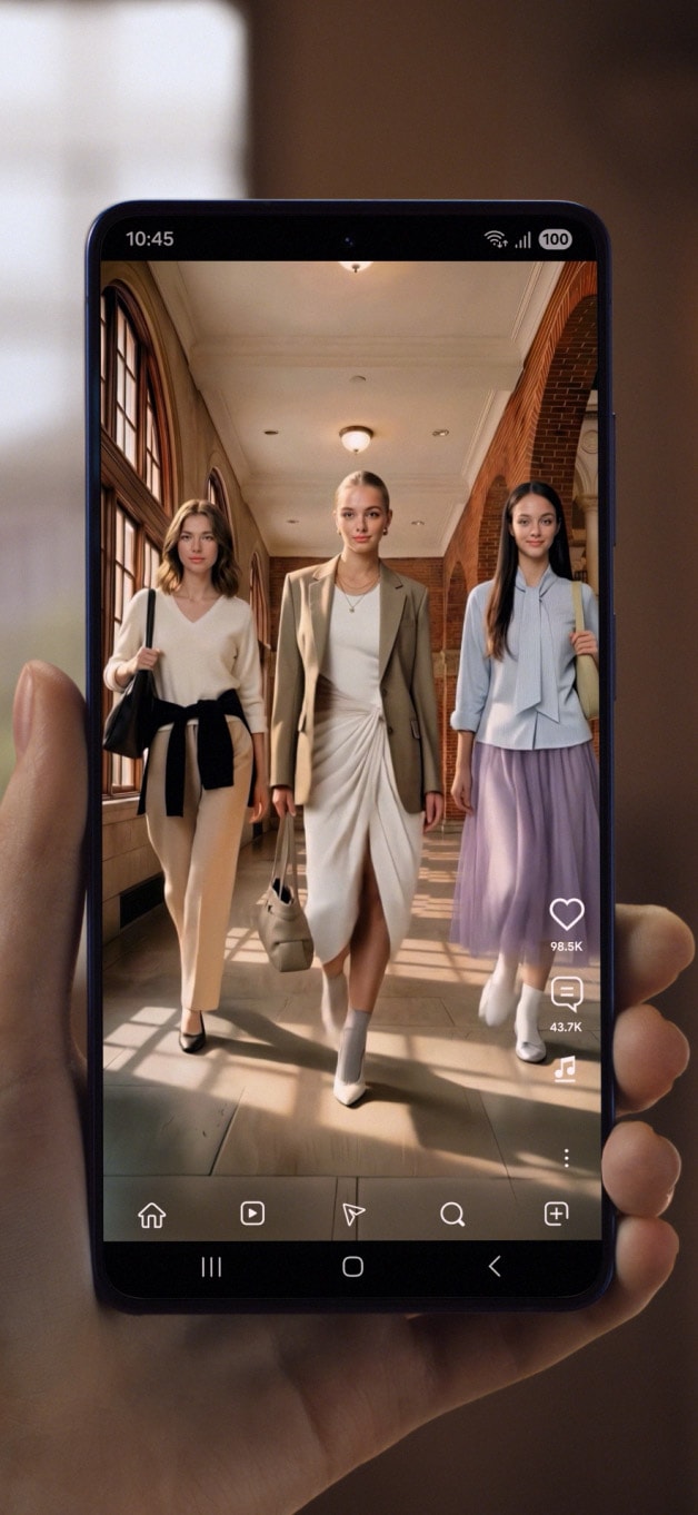 Экран Samsung Galaxy S26 Plus с видео из ленты социальной сети