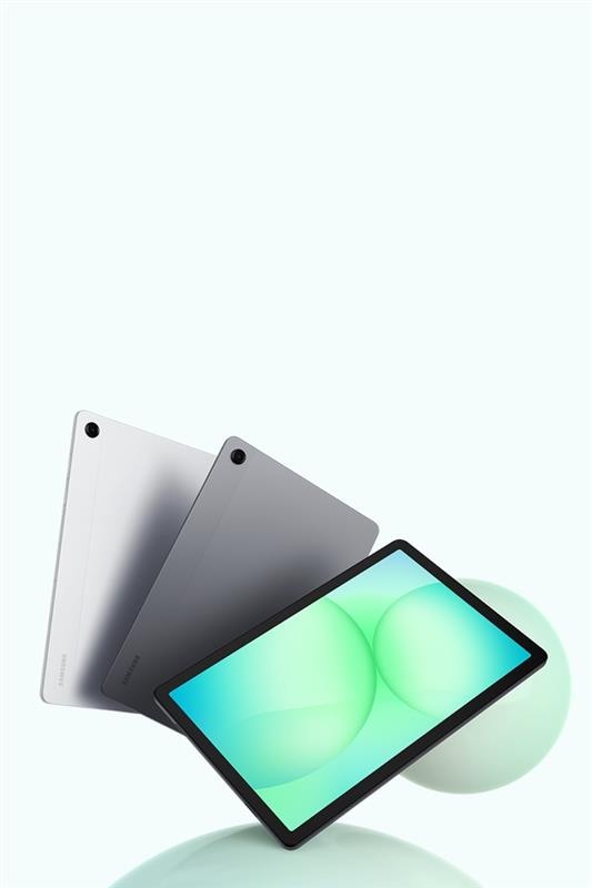 Samsung Galaxy Tab A11+ в цветах Gray и Silver, вид сзади и включённый экран