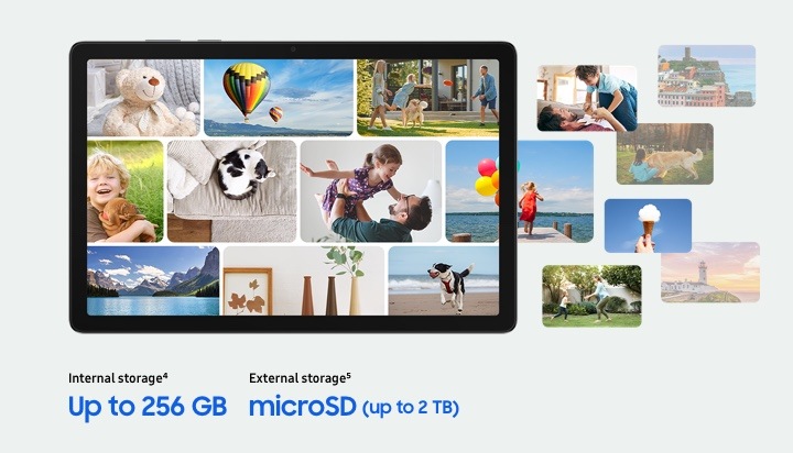Экран Samsung Galaxy Tab A11+ с фотогалереей и подписью объёма встроенной и внешней памяти