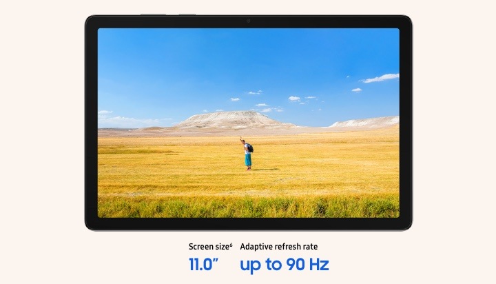 Samsung Galaxy Tab A11+ с пейзажной фотографией на экране и подписью частоты обновления 90 Гц
