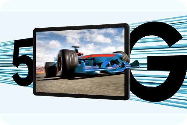Samsung Galaxy Tab A11+ с изображением гоночного автомобиля и символом 5G