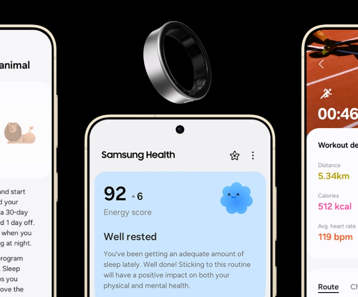 Кольцо Samsung Galaxy Ring над экраном приложения Samsung Health с энергетическим баллом 92