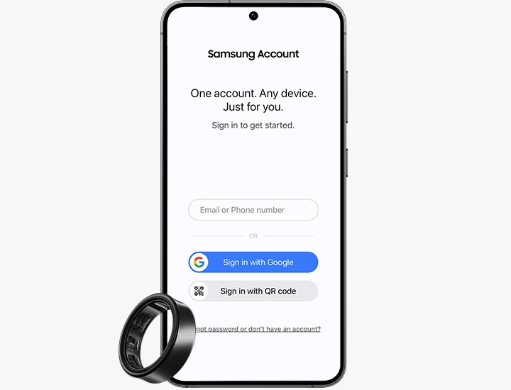 Экран входа в Samsung Account на смартфоне рядом с кольцом Samsung Galaxy Ring