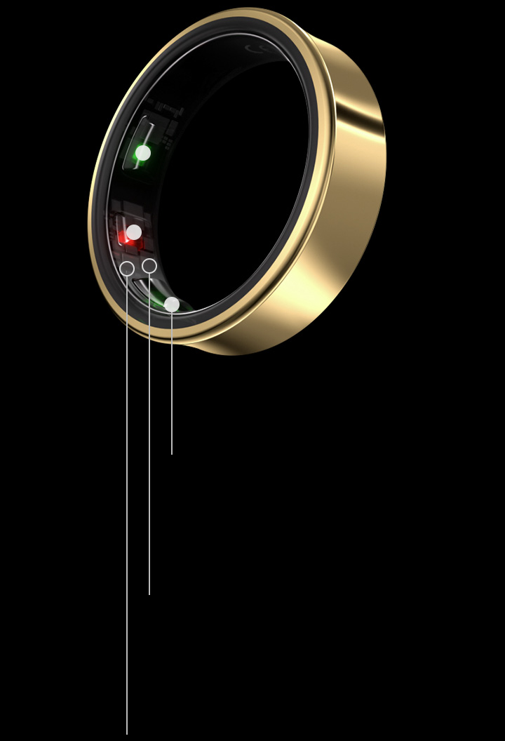 Внутренняя сторона кольца Samsung Galaxy Ring Titanium Gold с подсвеченными оптическими датчиками