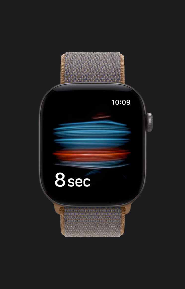 Apple Watch Series 12 с плетёным ремешком и таймером дыхательного упражнения на 8 секунд
