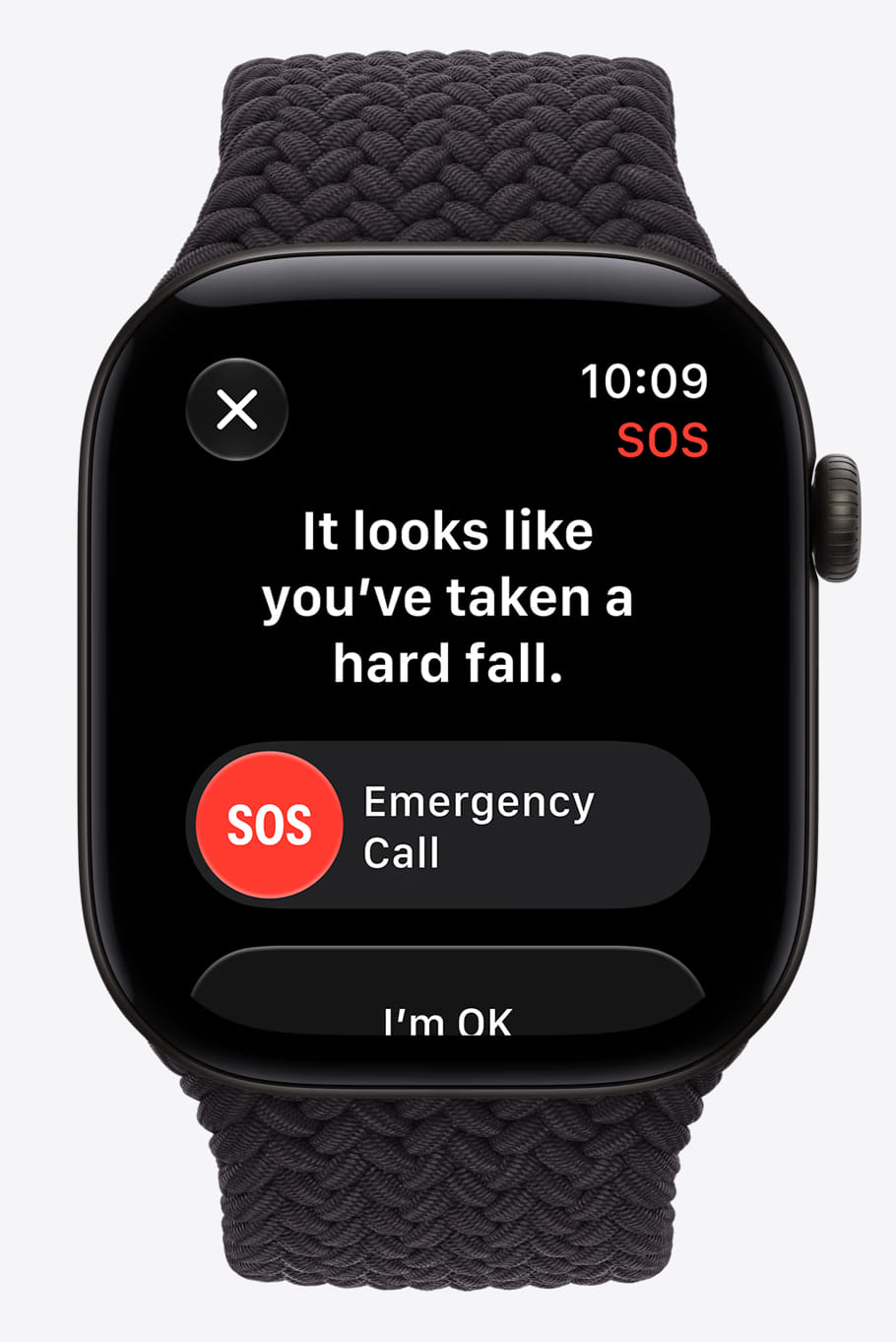 Экран SOS на Apple Watch Series 12 с предупреждением о падении и кнопкой экстренного вызова