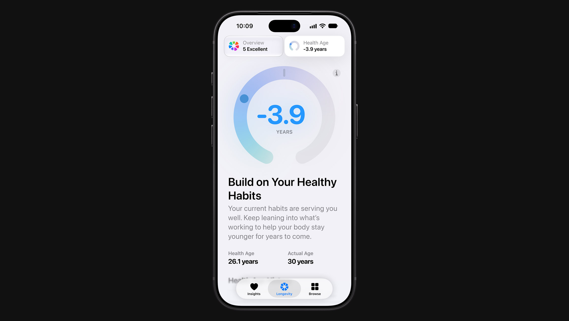 Экран iPhone с показателем Health Age −3.9 года, синхронизированным с Apple Watch Ultra 4 Экран iPhone с показателем Health Age −3.9 года, синхронизированным с Apple Watch Ultra 4