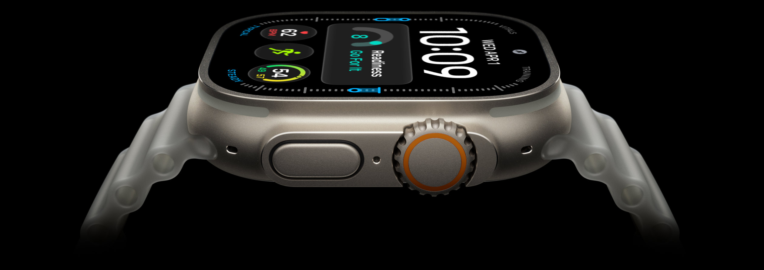 Боковая грань Apple Watch Ultra 4 с показателем Readiness и оранжевой Action-кнопкой Боковая грань Apple Watch Ultra 4 с показателем Readiness и оранжевой Action-кнопкой
