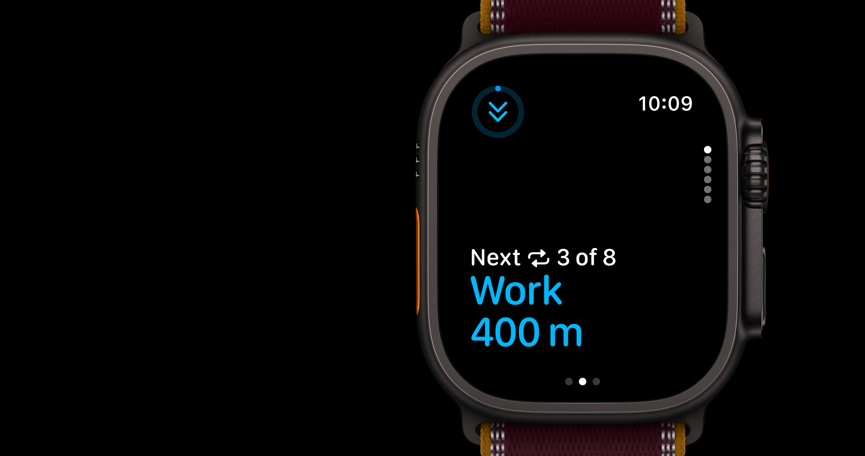 Экран Apple Watch Ultra 4 с интервальной тренировкой «Next 3 of 8, Work 400 m» Экран Apple Watch Ultra 4 с интервальной тренировкой «Next 3 of 8, Work 400 m»