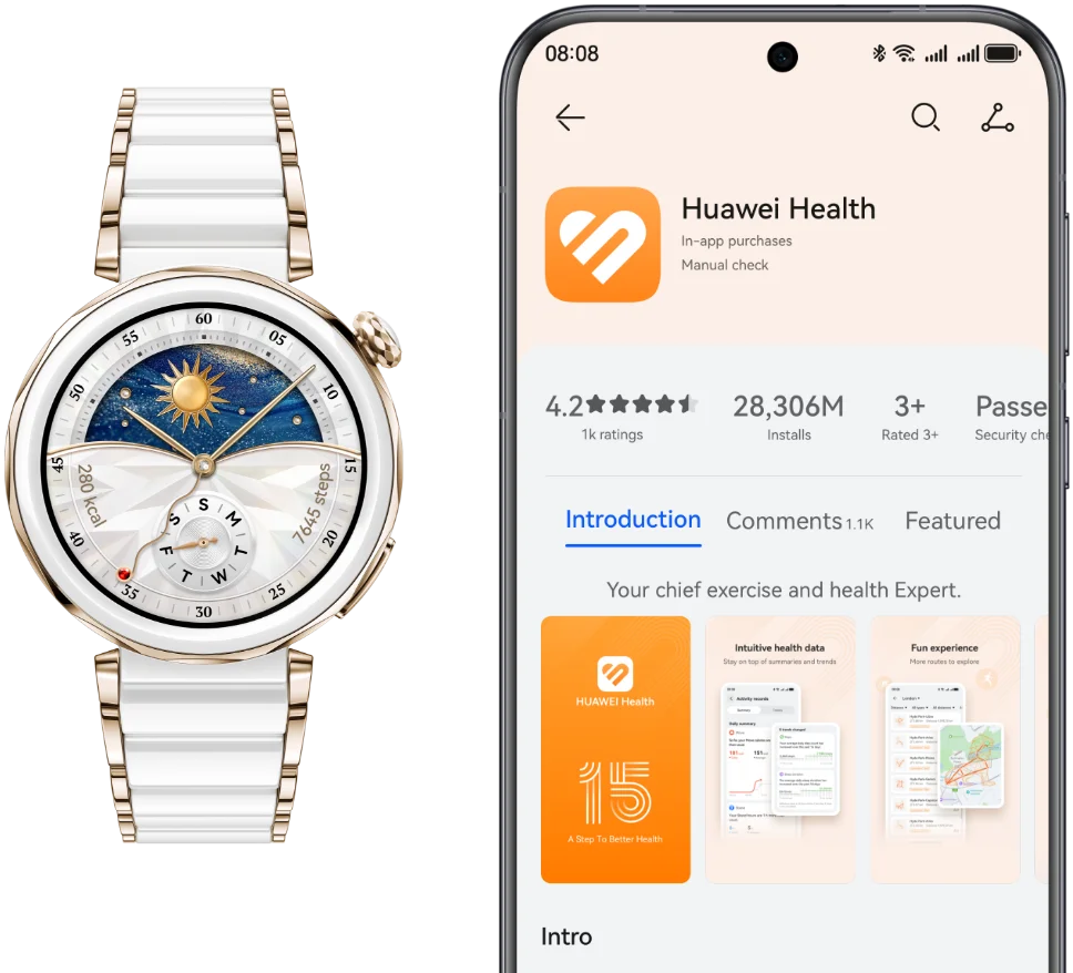 Умные часы HUAWEI Watch GT 5 Pro 42 мм в керамическом корпусе рядом со смартфоном с приложением Huawei Health