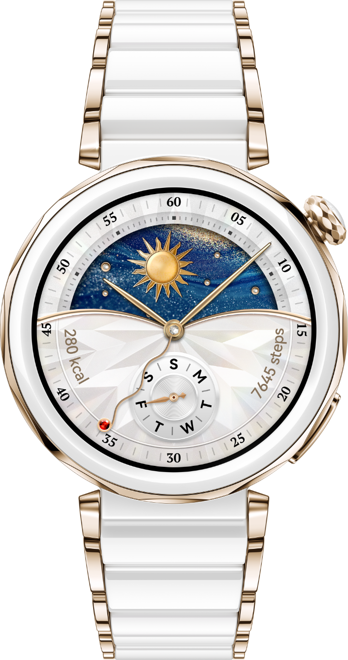Циферблат с солнцем и луной на умных часах HUAWEI Watch GT 5 Pro 42 мм в белом керамическом корпусе