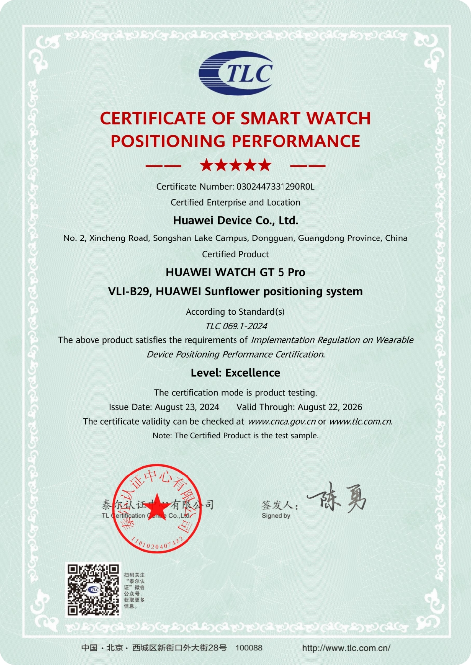Сертификат точности навигационной системы HUAWEI Sunflower для часов HUAWEI Watch GT 5 Pro