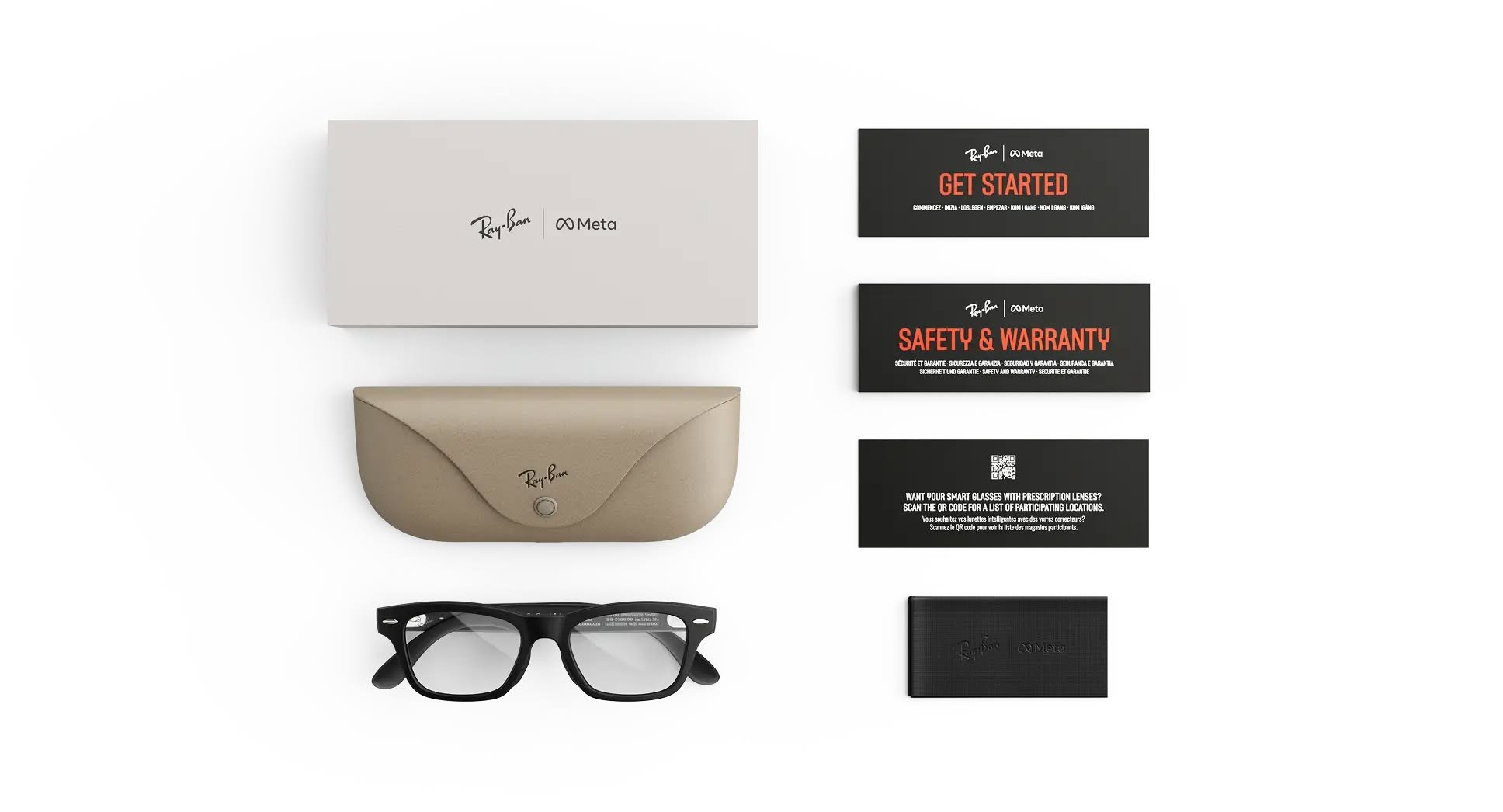 Комплектация очков Ray-Ban Meta Burbank: кейс для зарядки, коробка и карточки с инструкциями
