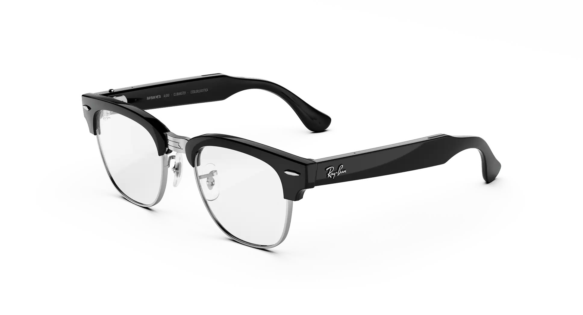 Умные очки Ray-Ban Meta Clubmaster в чёрной оправе, вид сбоку с заушниками