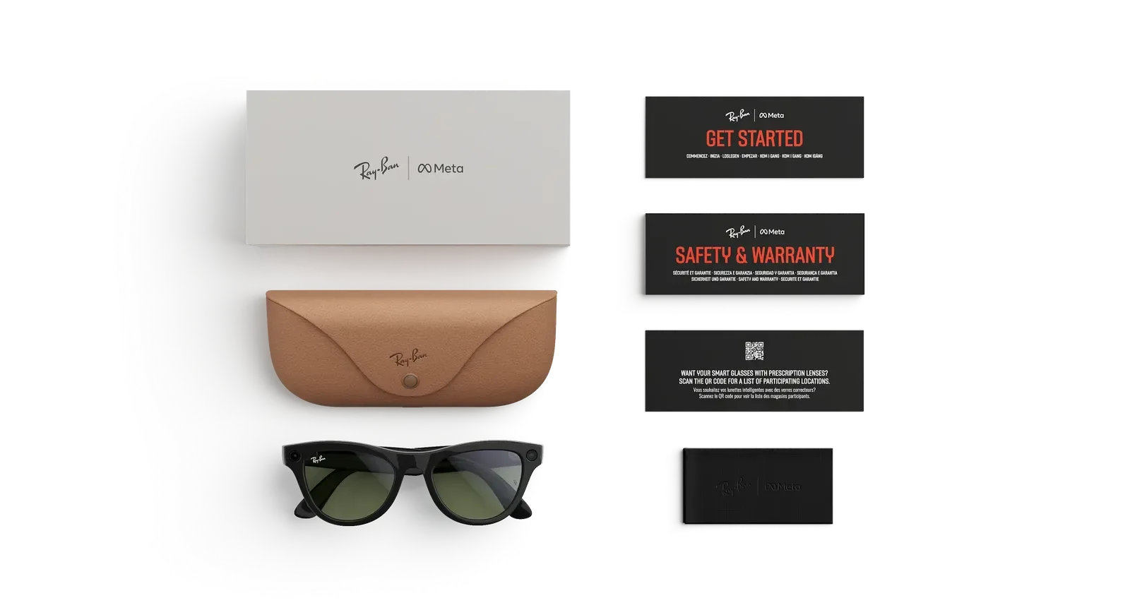 Комплектация умных очков Ray-Ban Meta Gen 2 Skyler RW4014: кейс, коробка и карточки Комплектация умных очков Ray-Ban Meta Gen 2 Skyler RW4014: кейс, коробка и карточки
